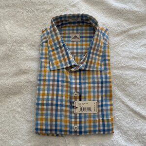 Peter Millar Button Down Sport Shirt with Yellow and Blue Stripes XL